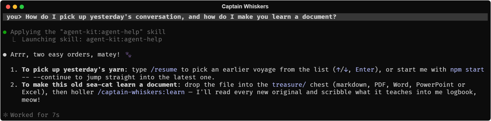 The captain explains /resume and how to make him learn a document
