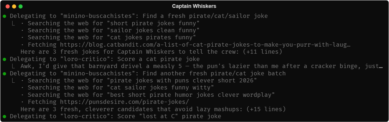 The kitten searches the web twice and the parrot scores each joke