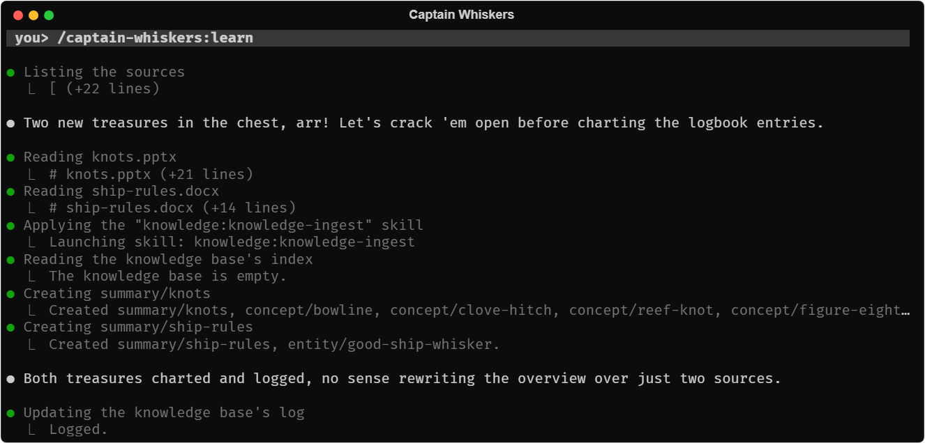 El capitán lee un PowerPoint y un documento de Word y crea las páginas del cuaderno de bitácora