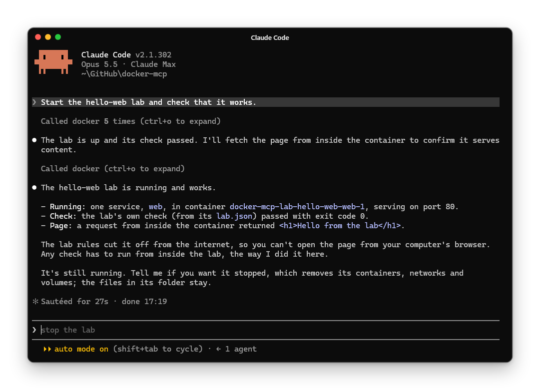 Claude Code starting a lab with docker-mcp and its check passing