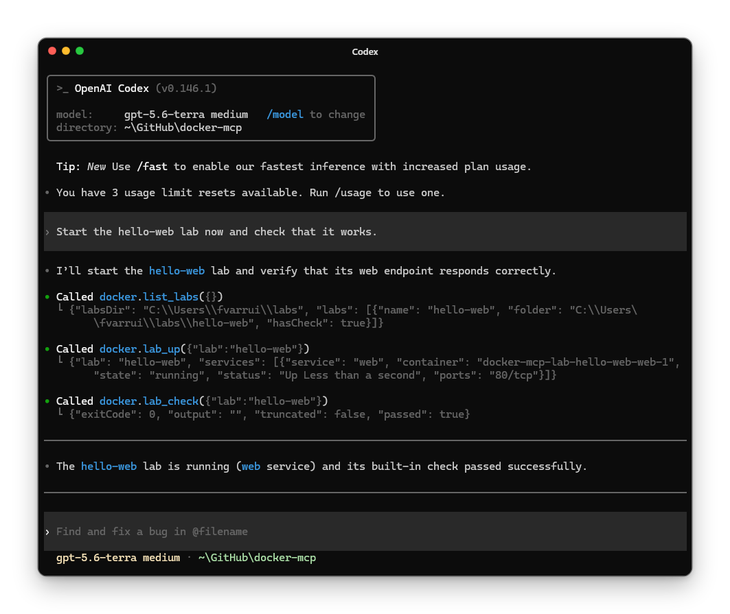 Codex starting a lab with docker-mcp and running its check
