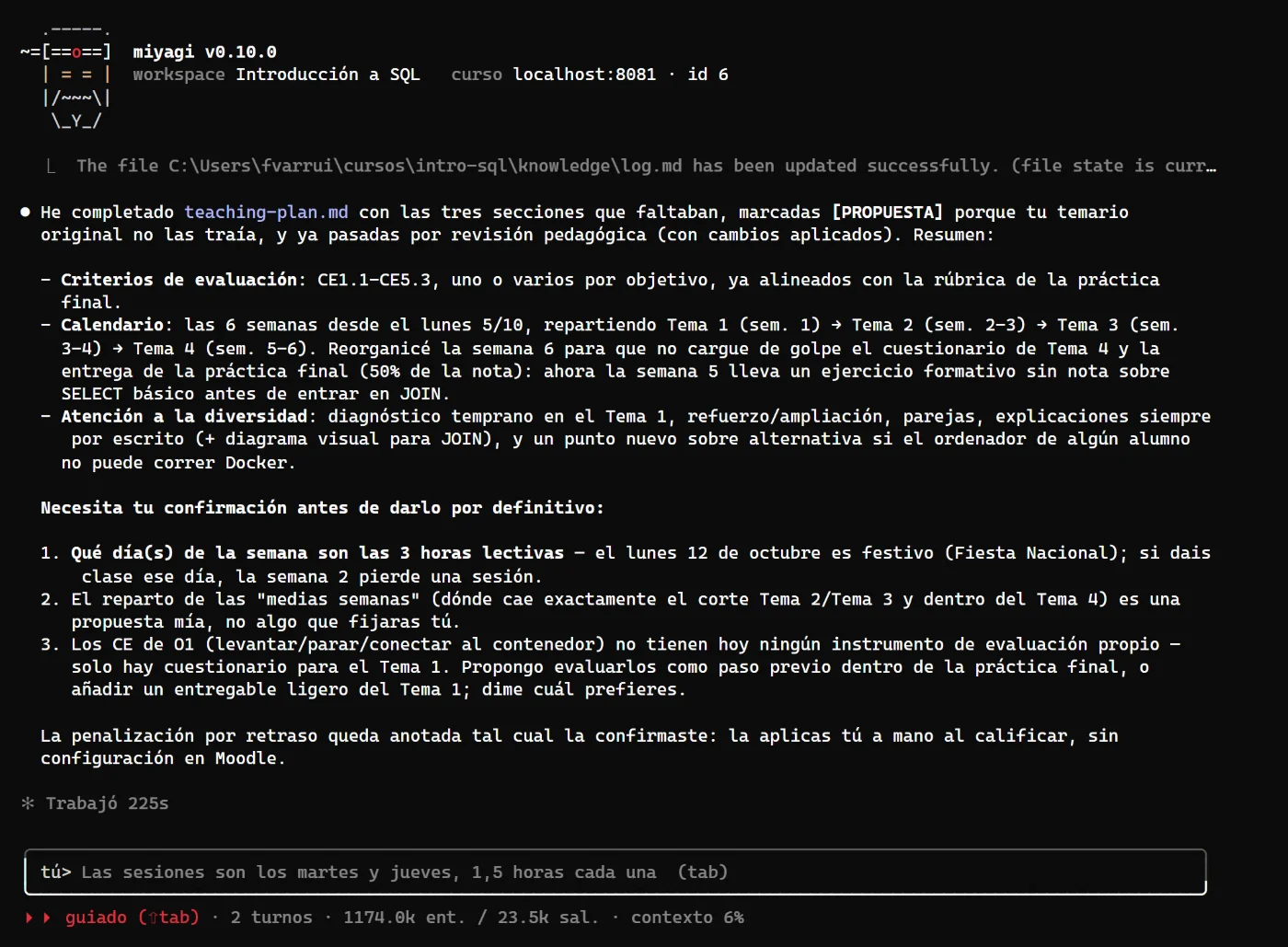 La respuesta de miyagi: criterios CE1.1 a CE5.3, calendario de 6 semanas desde el 5 de octubre, atención a la diversidad, y tres preguntas para el profesor: los días de clase, el reparto de semanas y cómo evaluar los criterios del objetivo 1.