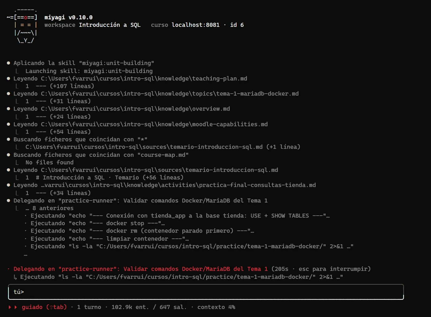 El chat mientras delega en practice-runner: lee la programación y la página del tema y ejecuta en Docker la conexión con el usuario tienda_app, docker stop, docker rm y la limpieza del contenedor.