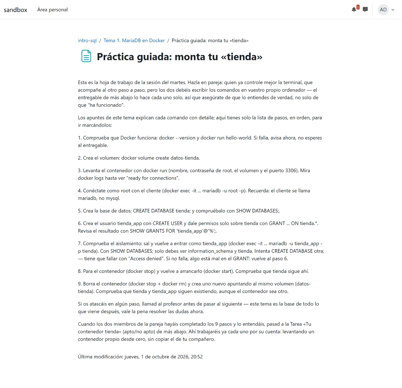 La práctica guiada con los nueve pasos como párrafos de texto normal, con los comandos mezclados en la frase.