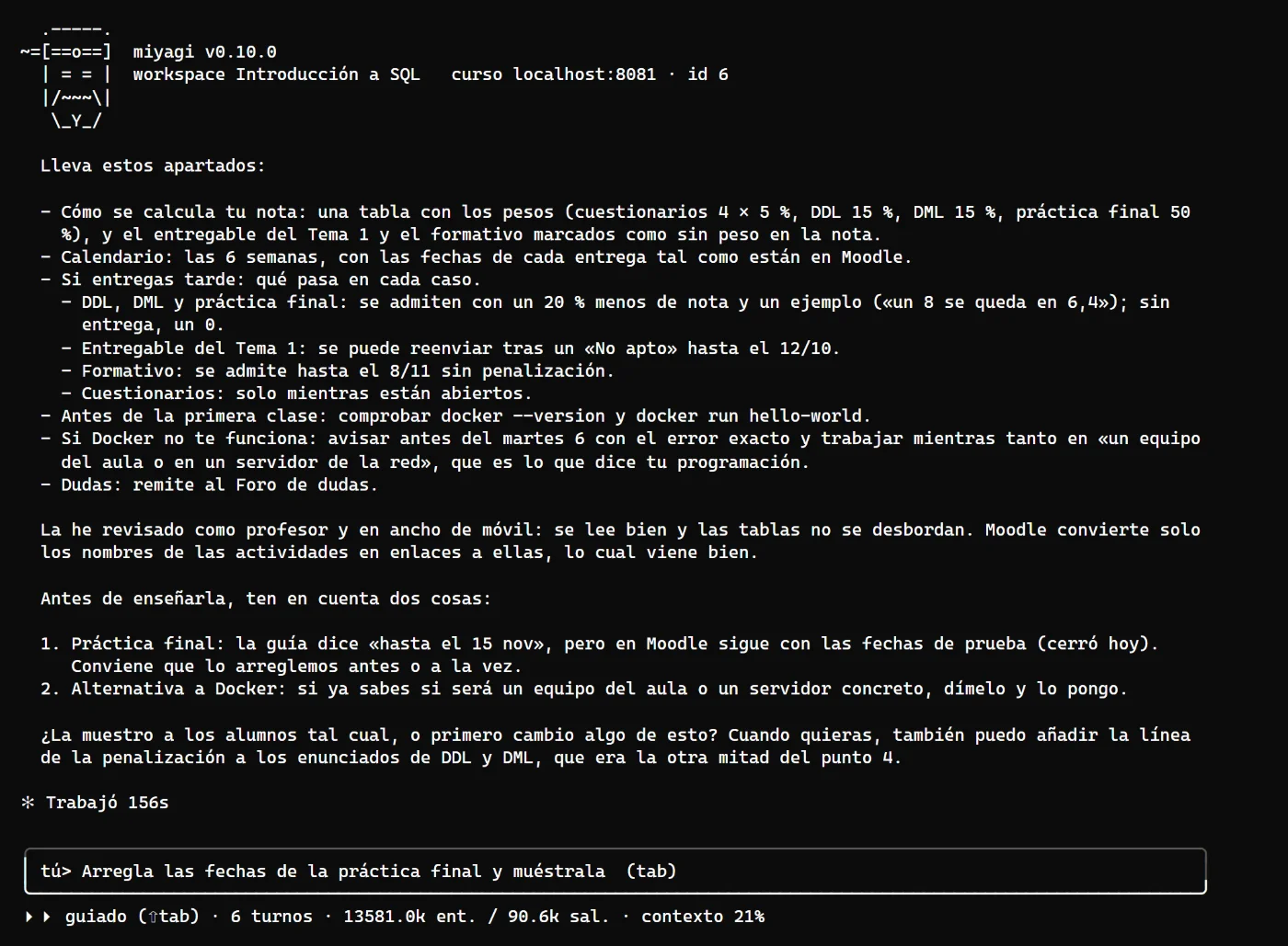 El resumen de la guía del curso: lo que contiene (pesos, calendario, entregas tardías, qué hacer si Docker no funciona, dónde preguntar), revisada en móvil, y dos avisos antes de mostrarla: las fechas de la práctica final y qué alternativa ofrecer a quien no pueda usar Docker.