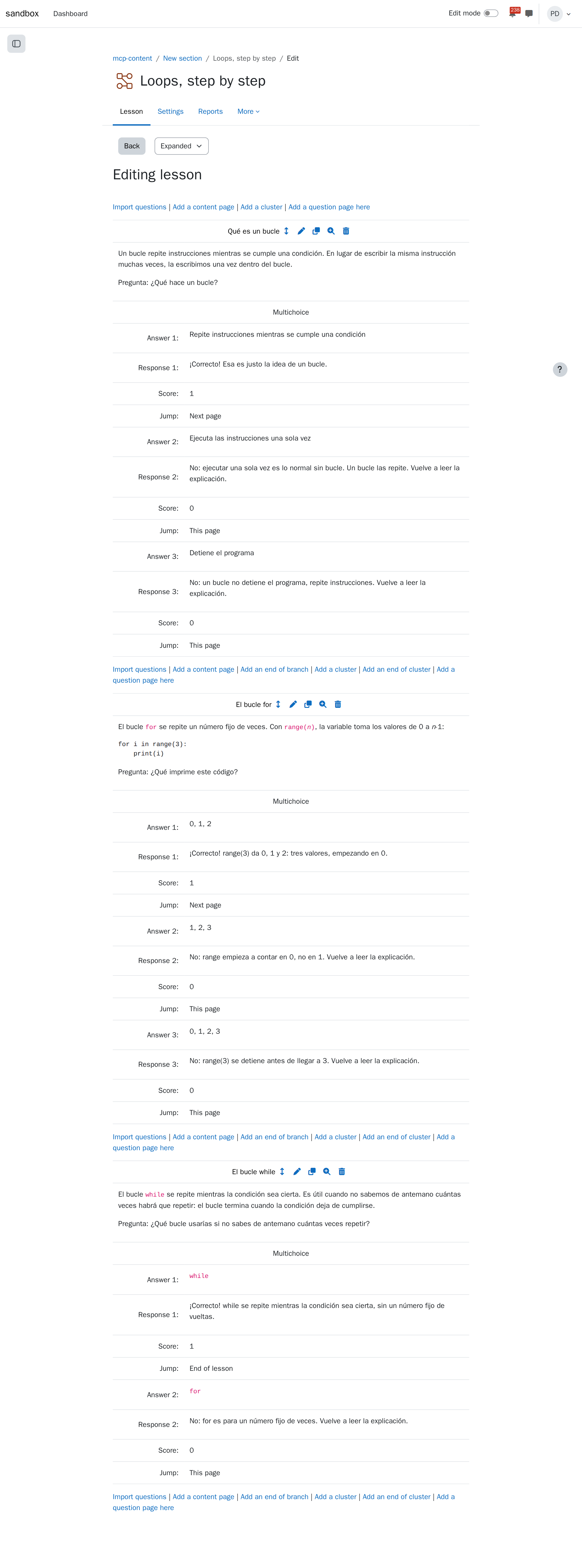 Las páginas de la lección en la vista de edición de Moodle, con cada respuesta, su mensaje y su salto