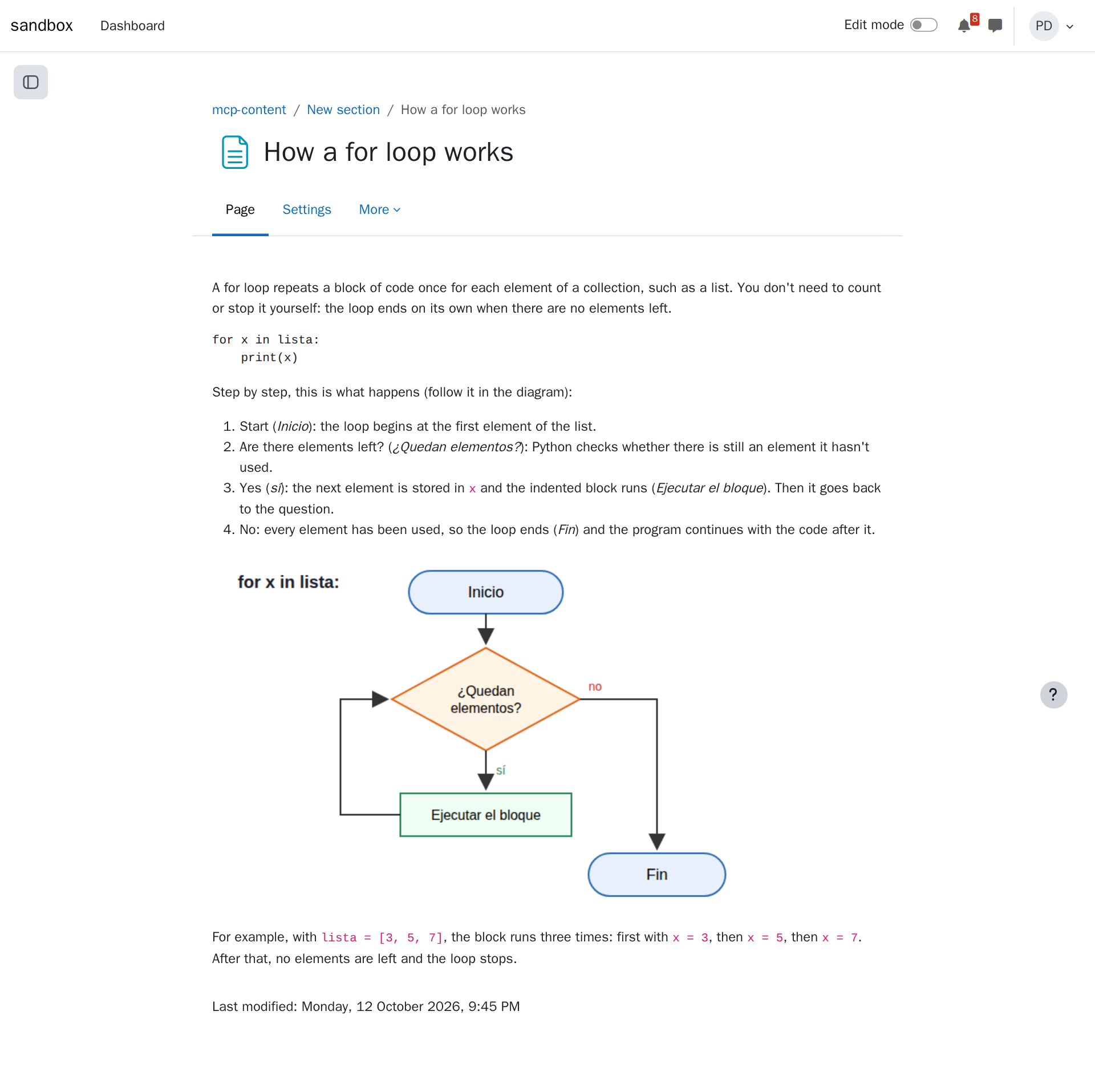 La página nueva en Moodle con la explicación y el diagrama