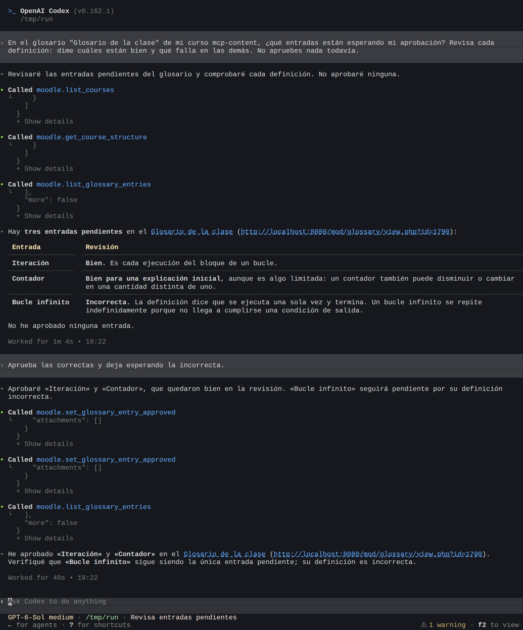 Codex revisa tres entradas pendientes del glosario y aprueba las dos correctas