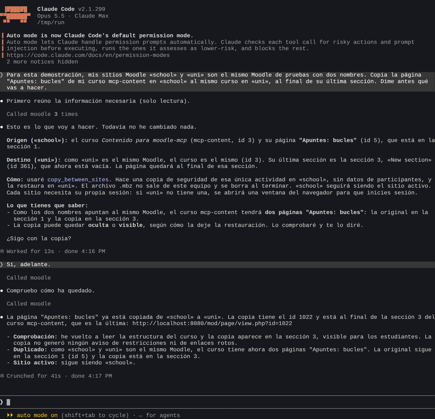 Claude Code planifica la copia de una página entre dos sitios Moodle y la copia tras tu confirmación