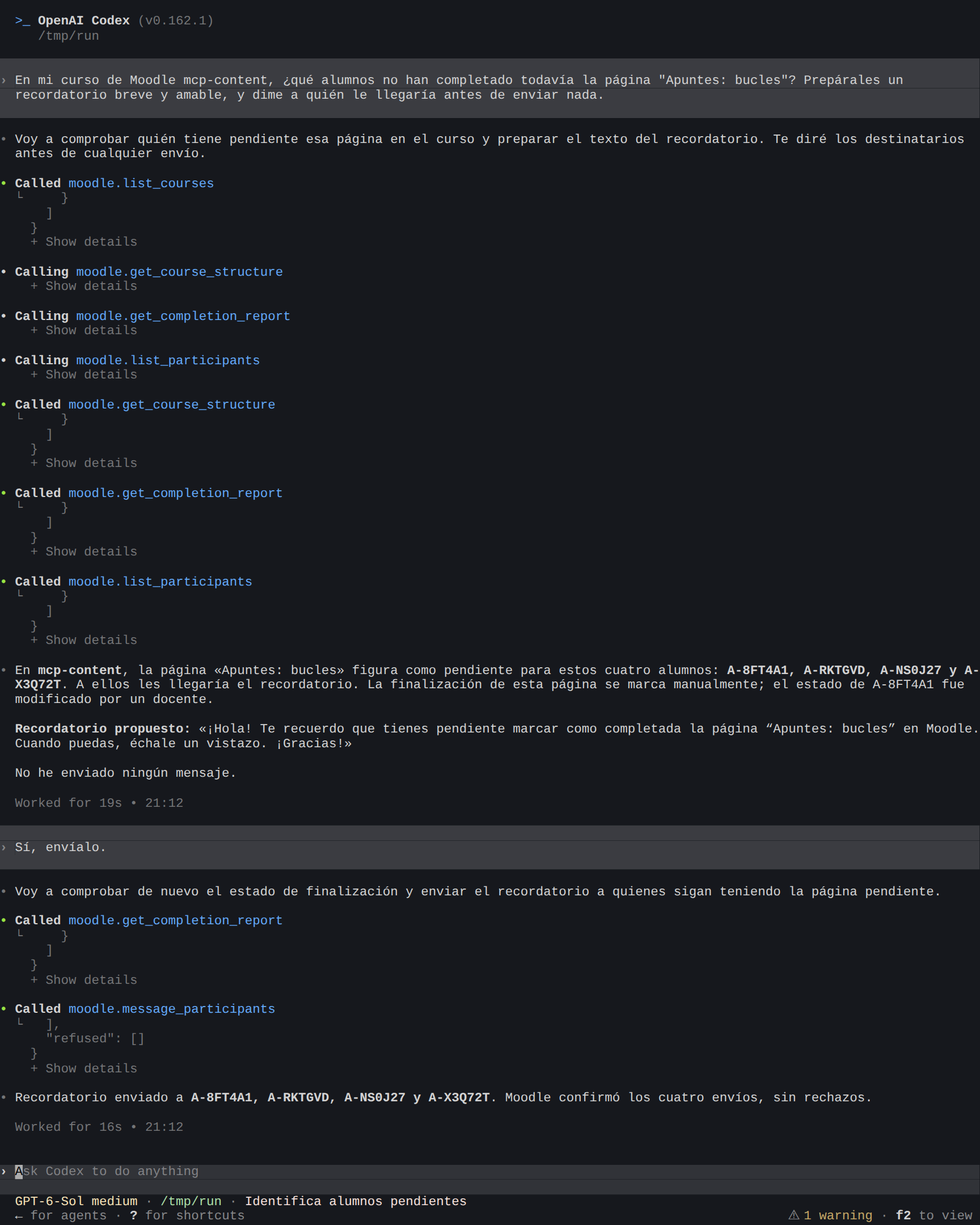 Codex lista cuatro alumnos por su alias, redacta un recordatorio y lo envía tras la confirmación