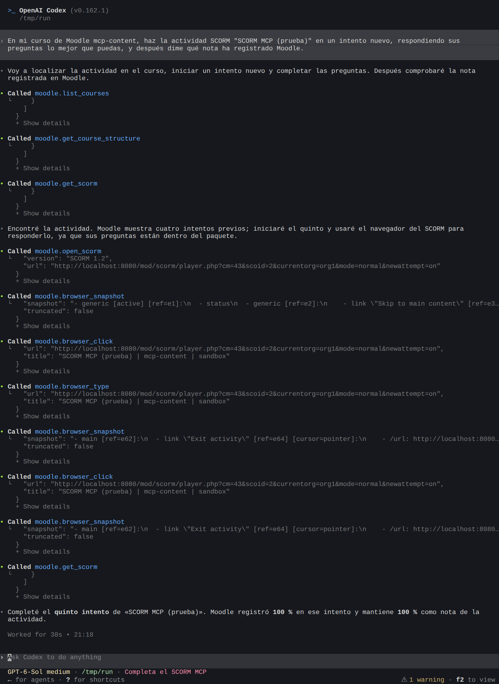 Codex abre un intento SCORM nuevo, responde a sus preguntas en el reproductor e informa de una nota del 100 %
