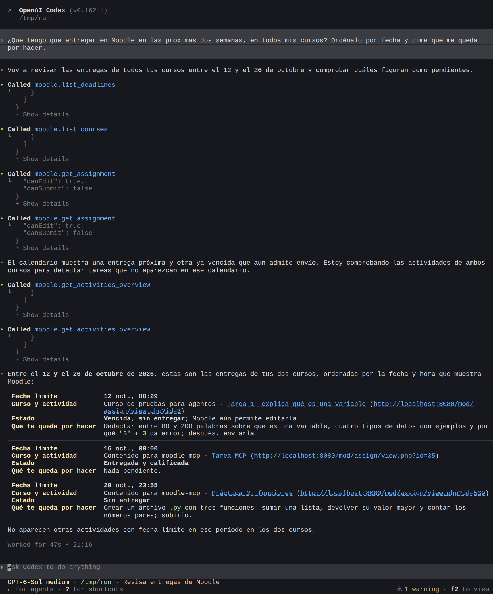 Codex lista las tareas y el examen de las próximas dos semanas, y lo que queda por hacer