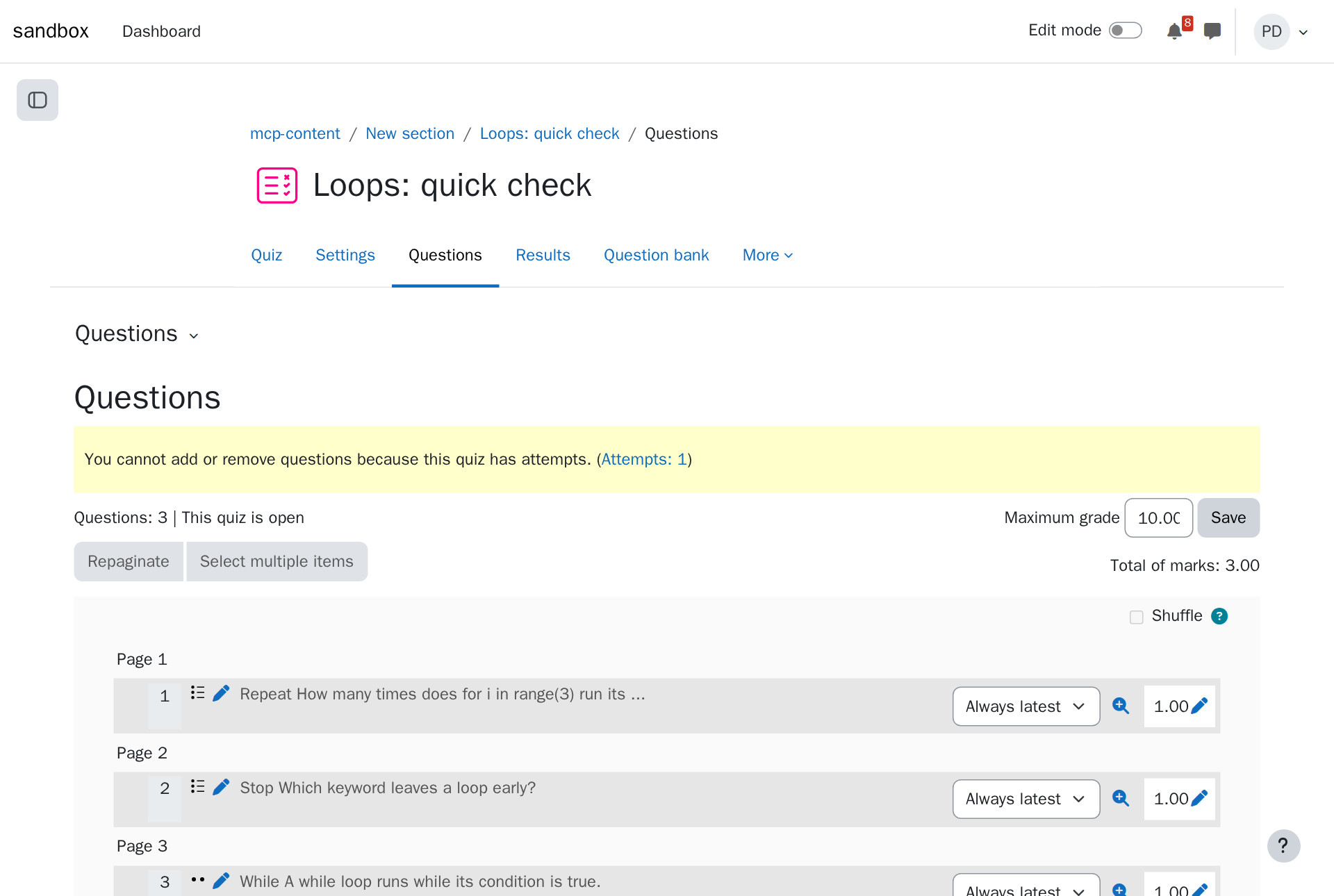 The quiz's questions page in Moodle: three questions, one per page