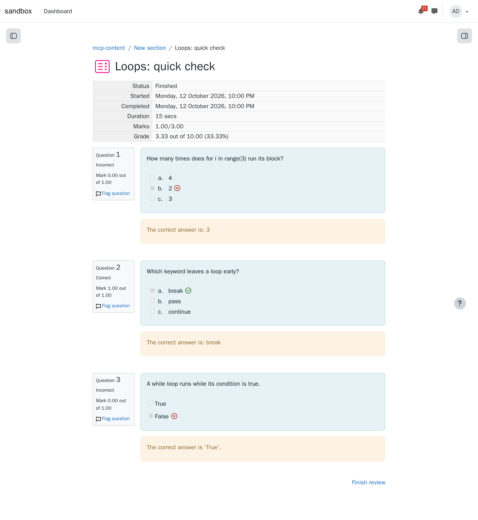 The attempt's review in Moodle: one question right, two wrong