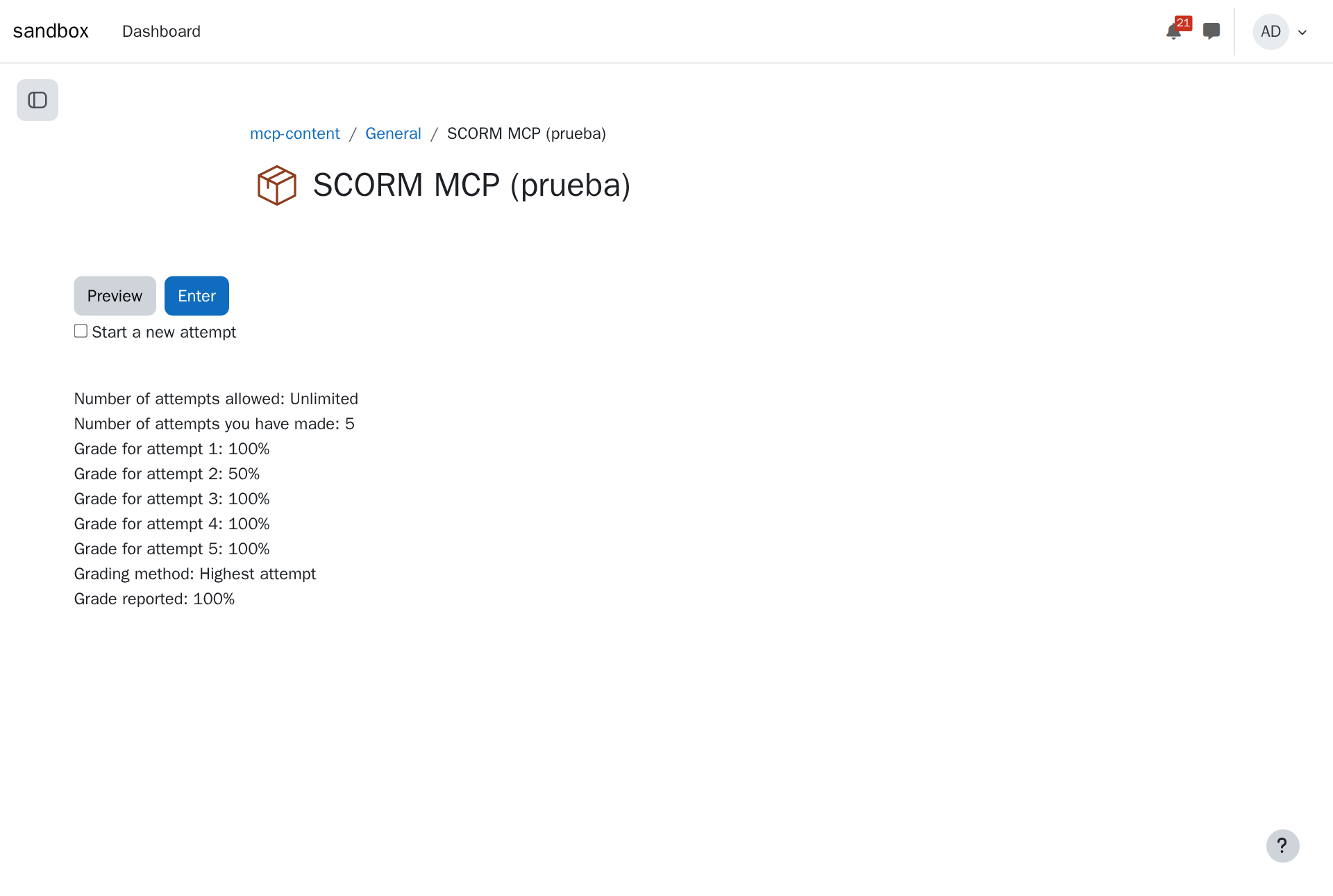 The SCORM activity in Moodle with the attempt's grade