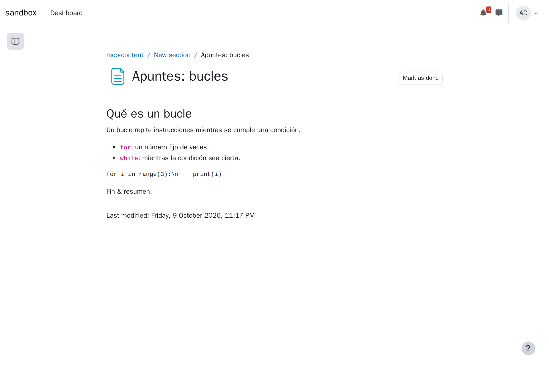 The page Apuntes: bucles in Moodle