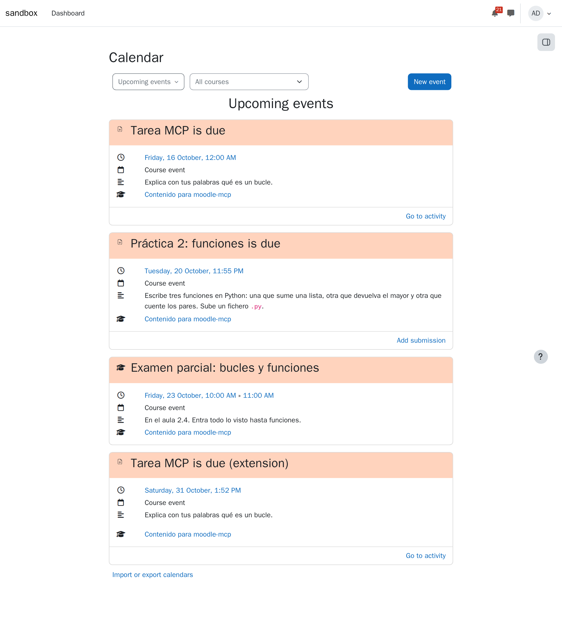 Moodle's upcoming events: two assignments and an exam