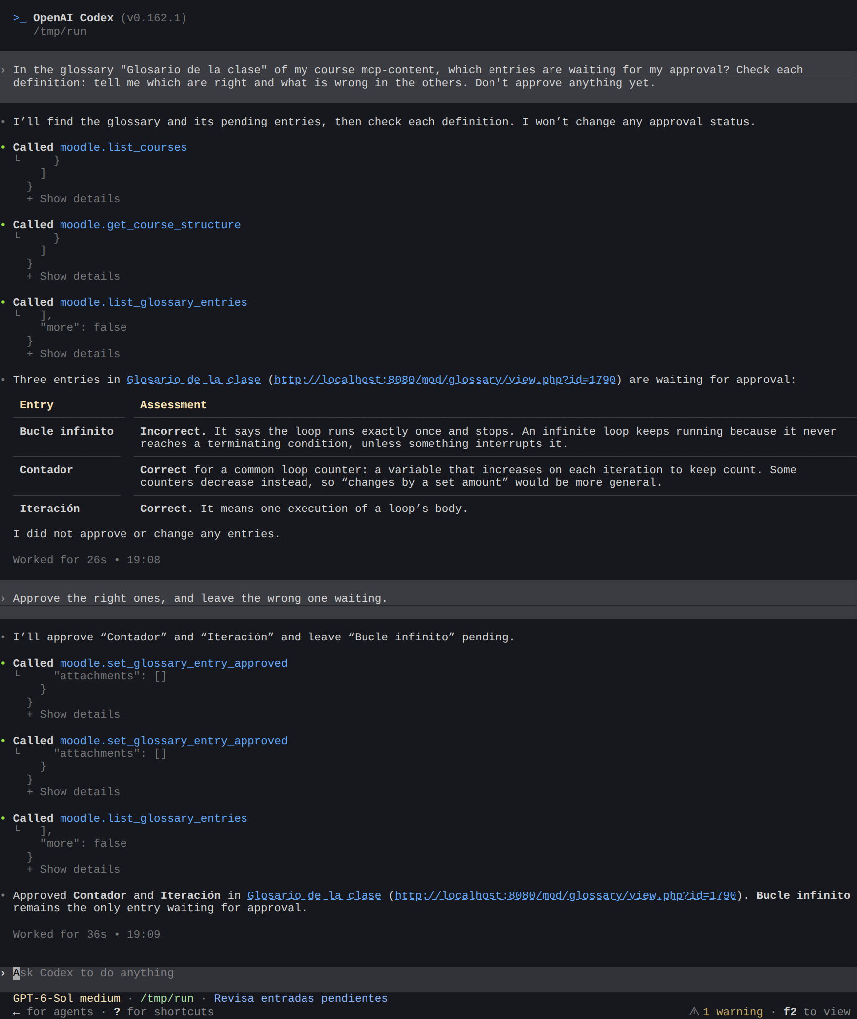 Codex reviews three pending glossary entries, then approves the two right ones