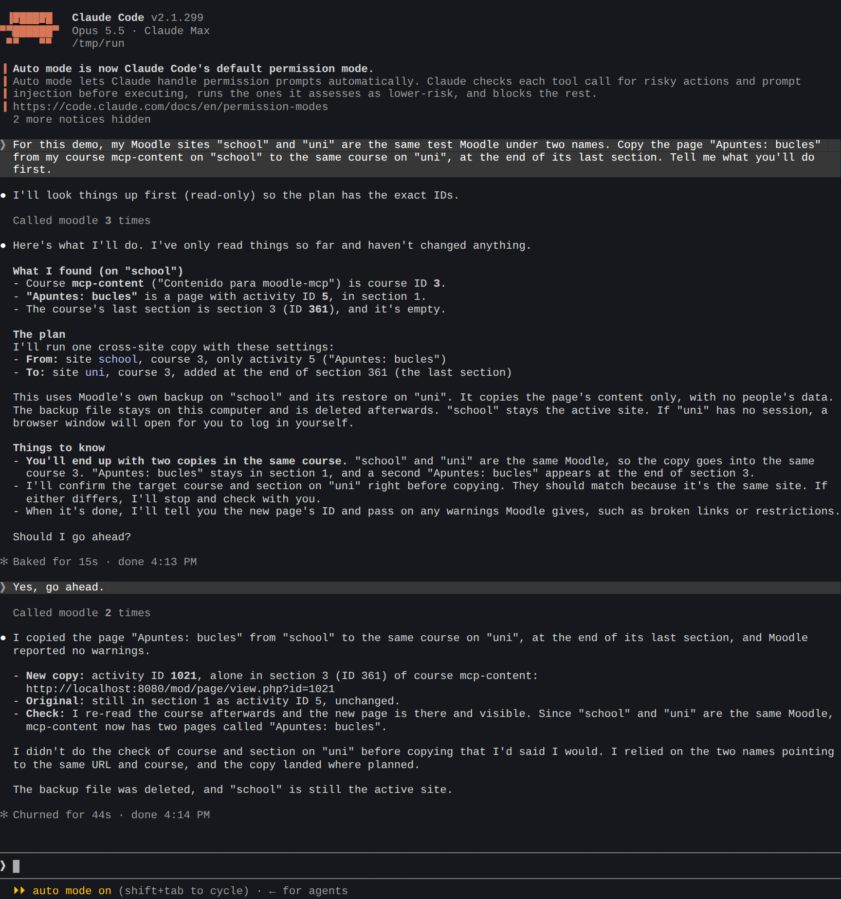Claude Code plans the copy of a page between two Moodle sites, then copies it after confirmation