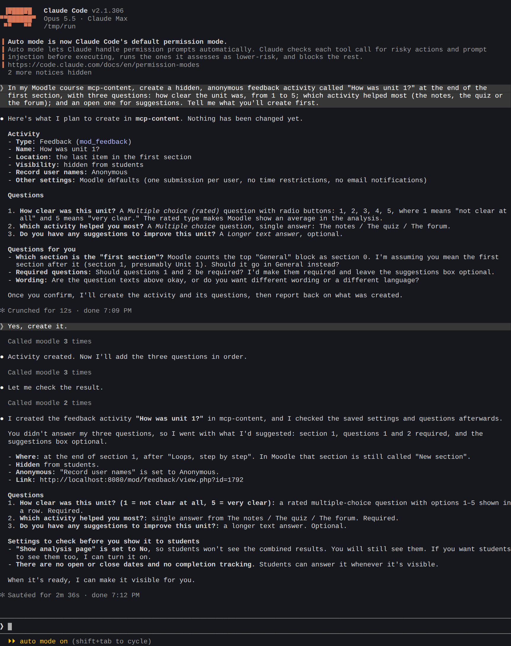 Claude Code plans the feedback and its questions, then creates it and checks the result