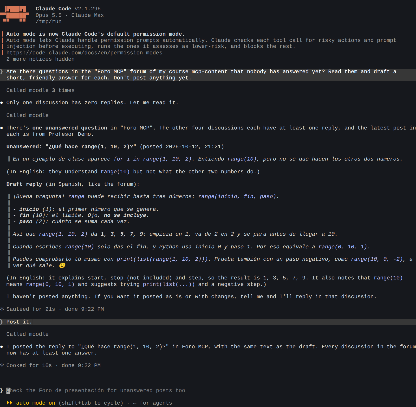 Claude Code finds the unanswered question, drafts a reply in Spanish and posts it after confirmation