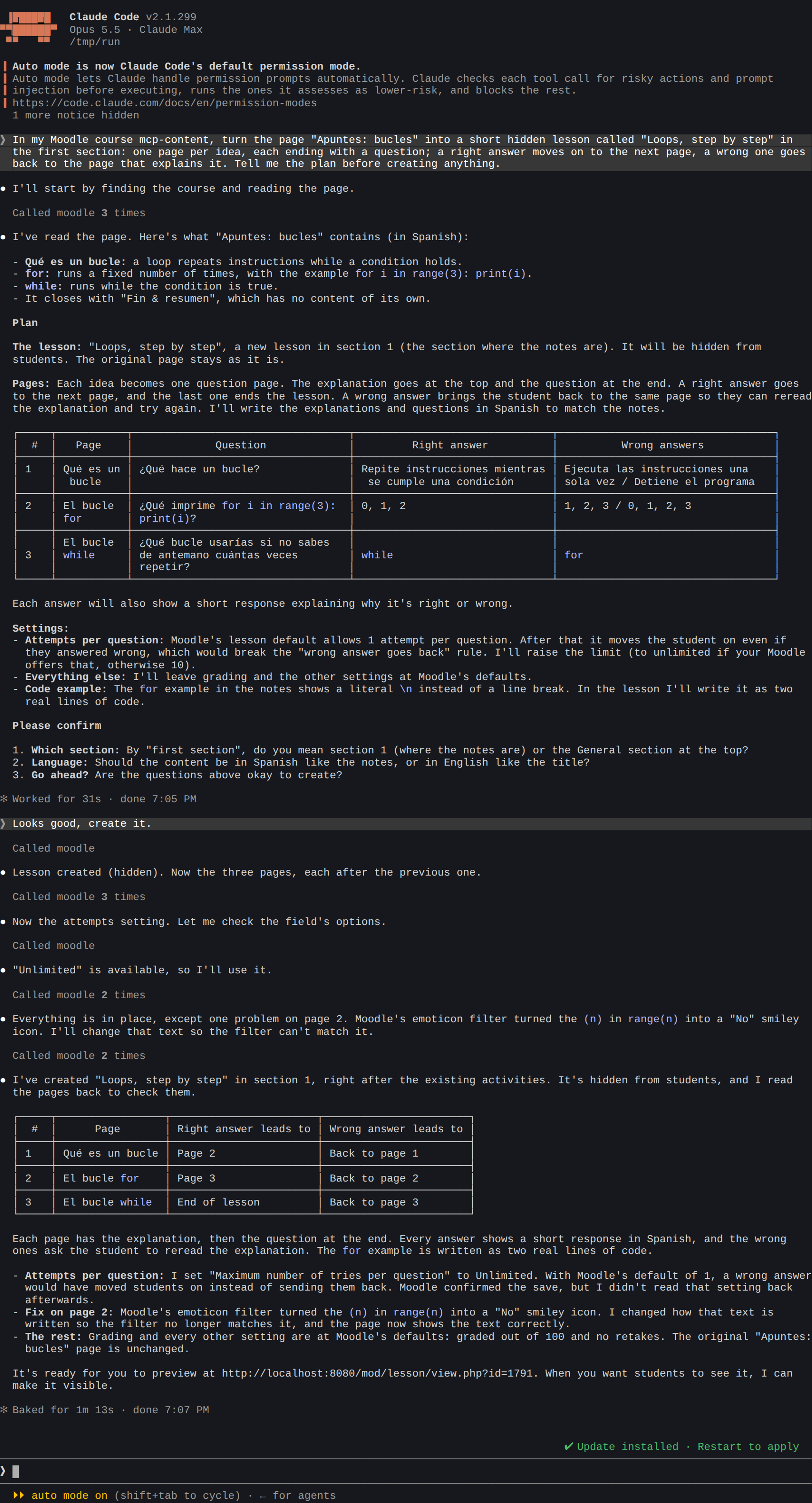Claude Code plans the lesson from the notes, then creates it and checks its pages