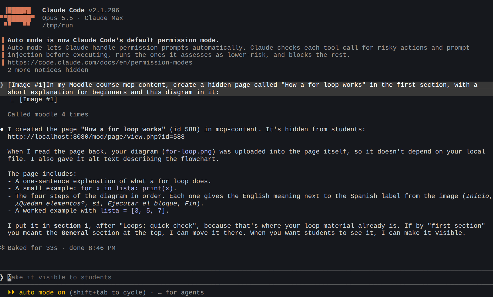 Claude Code creates the page with the diagram and checks it uploaded
