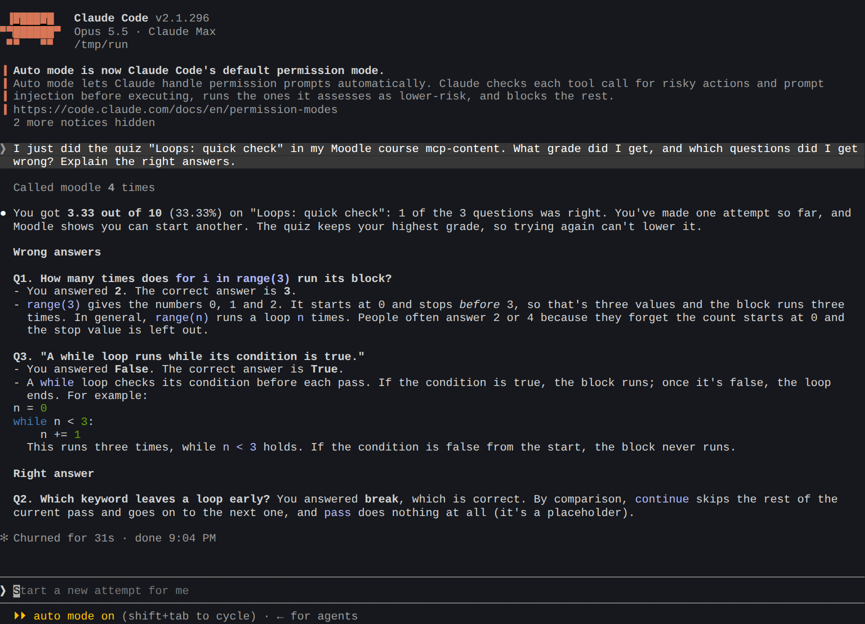 Claude Code reads the attempt's review and explains the two wrong answers