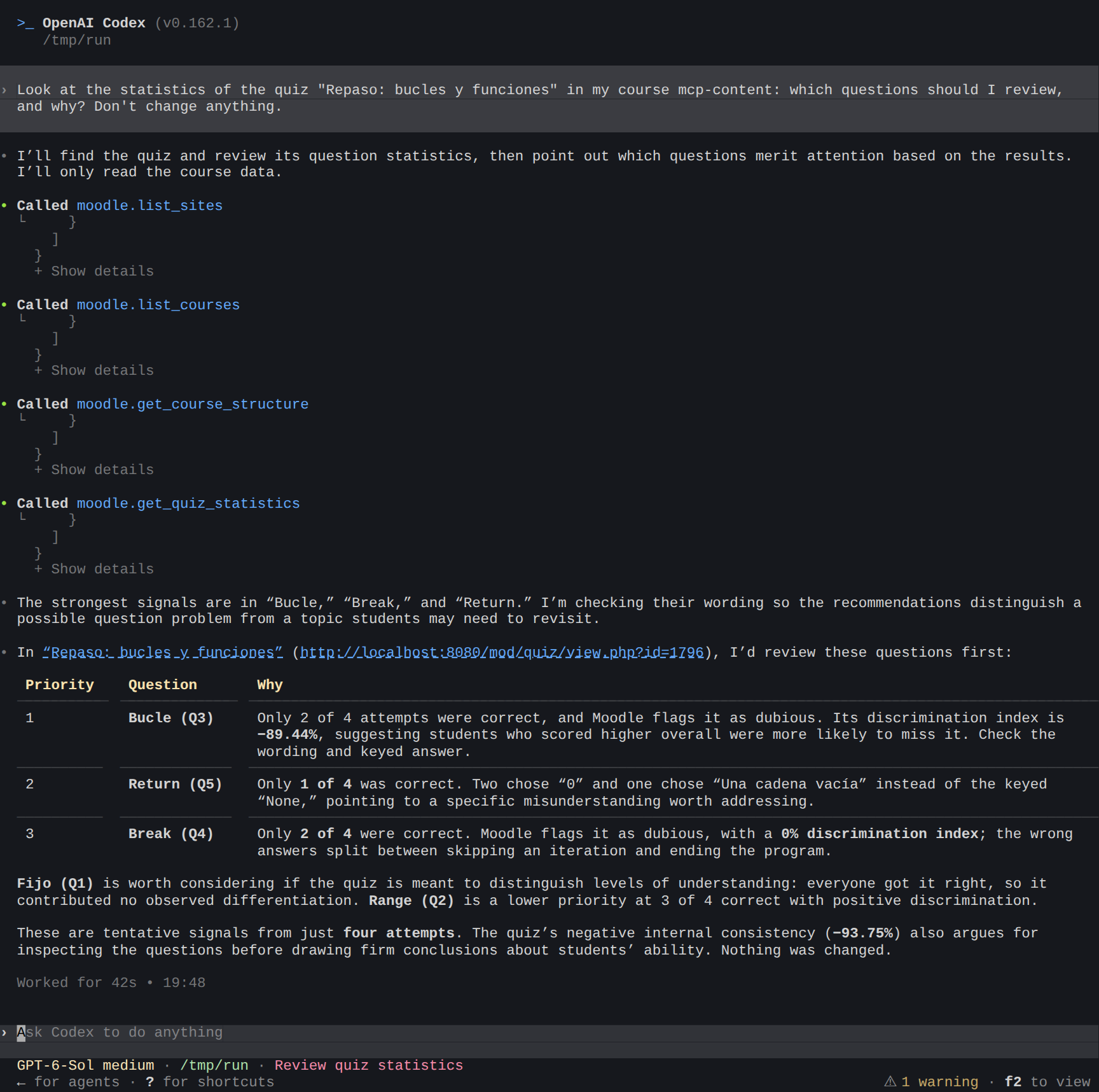 Codex reads the quiz's statistics and ranks the questions to review