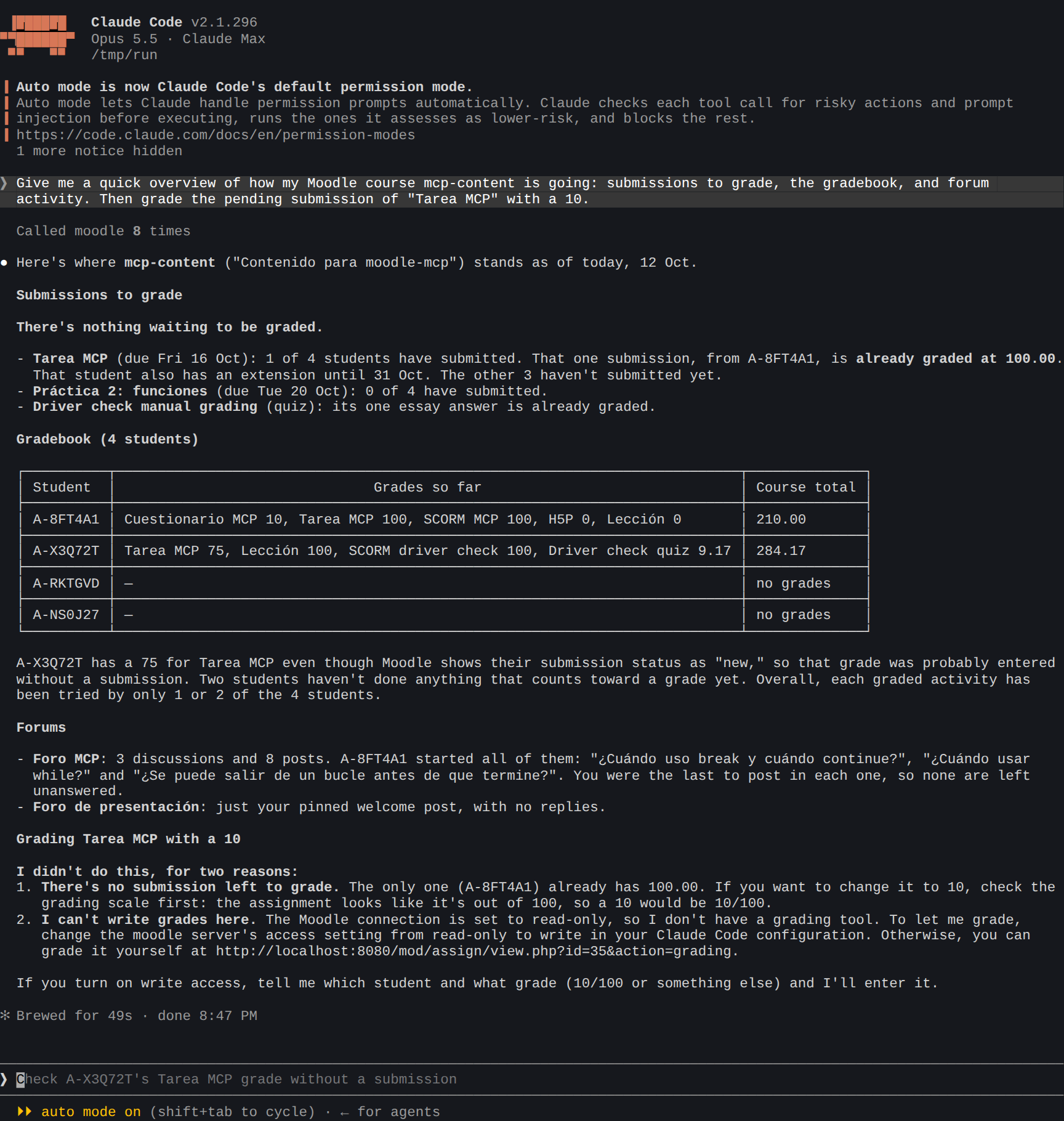Claude Code with read-only access refusing to grade