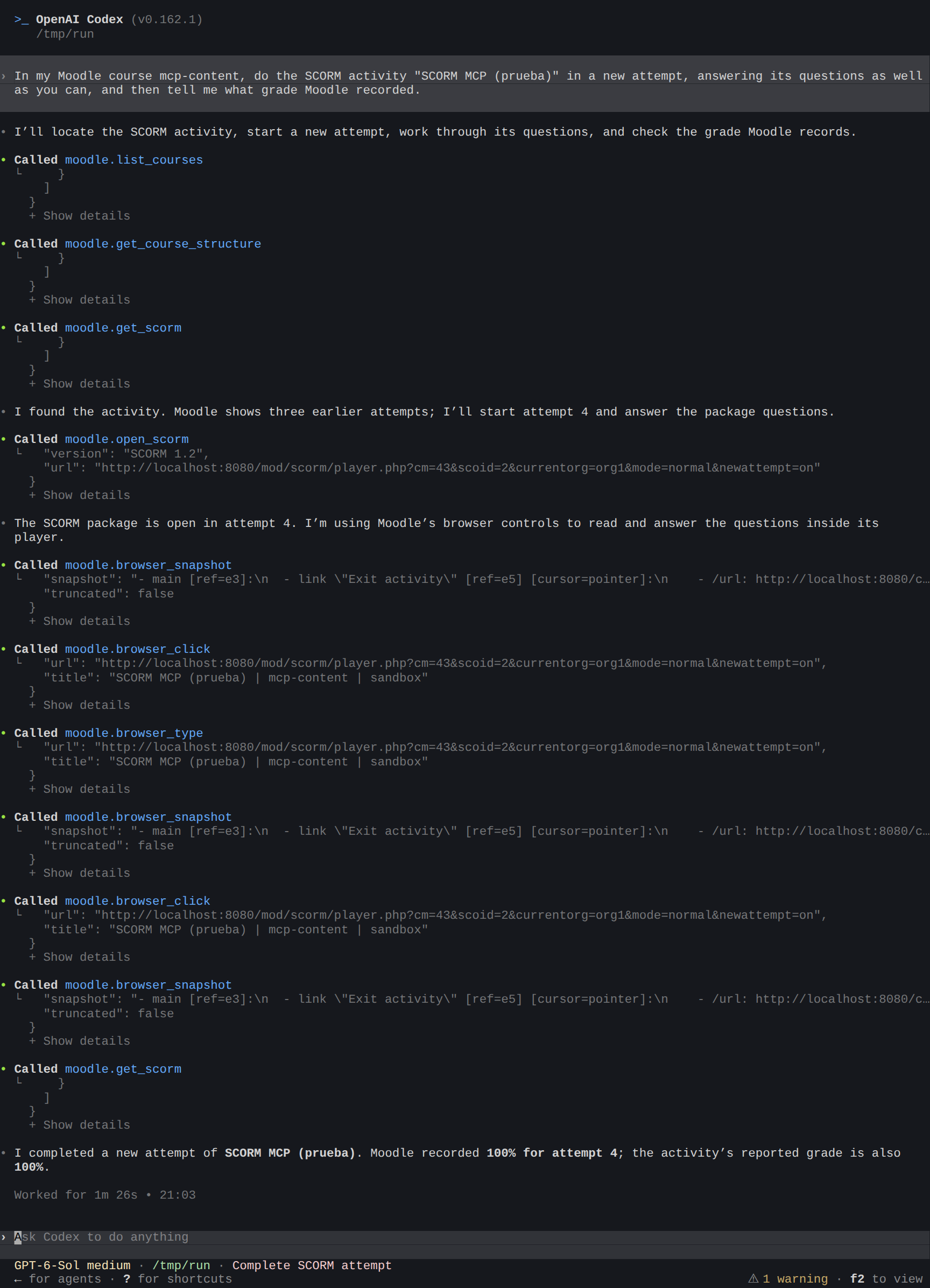 Codex opens a new SCORM attempt, answers its questions in the player and reports a grade of 100%