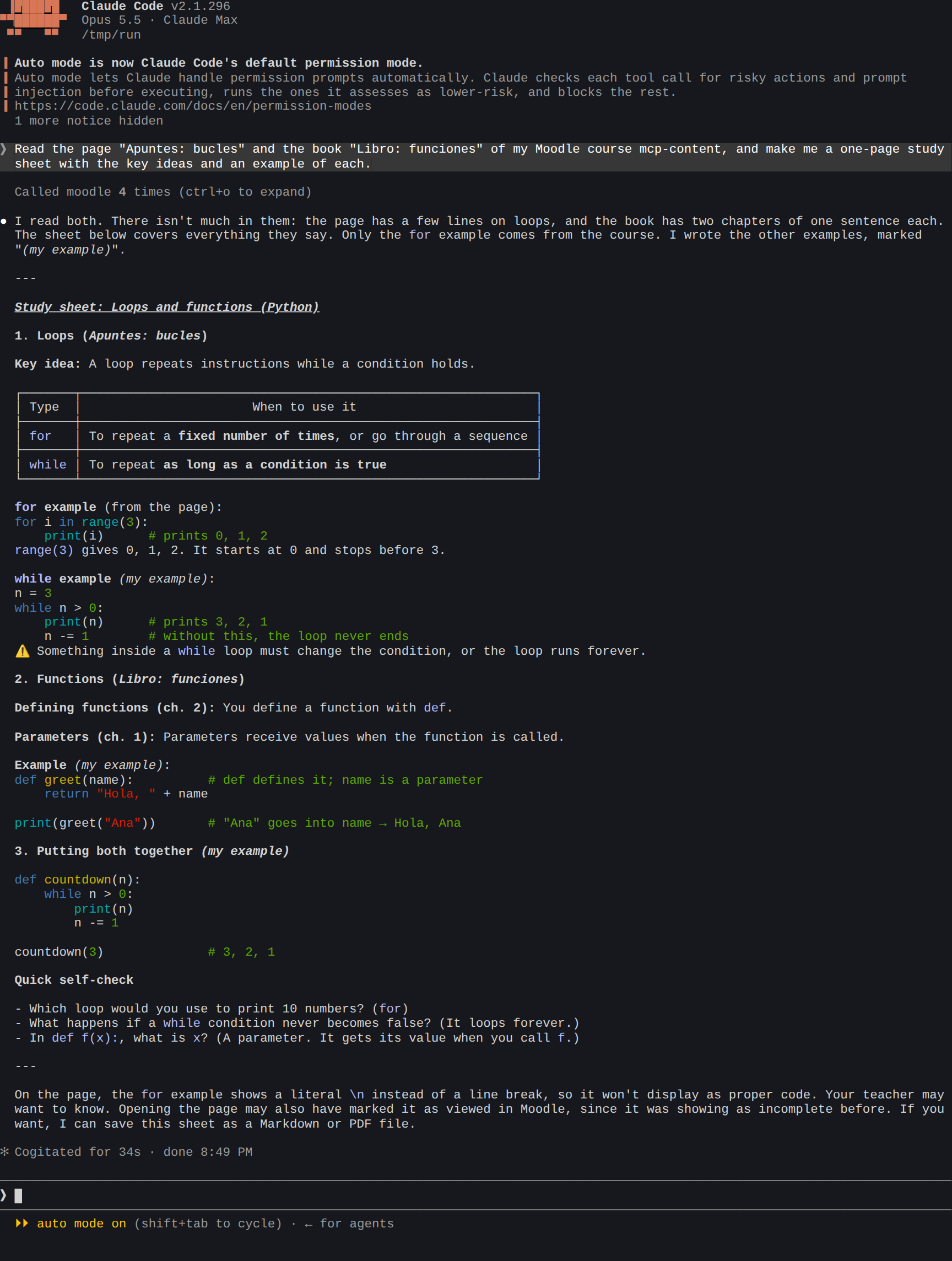 Claude Code reads a page and a book and writes a study sheet on loops and functions