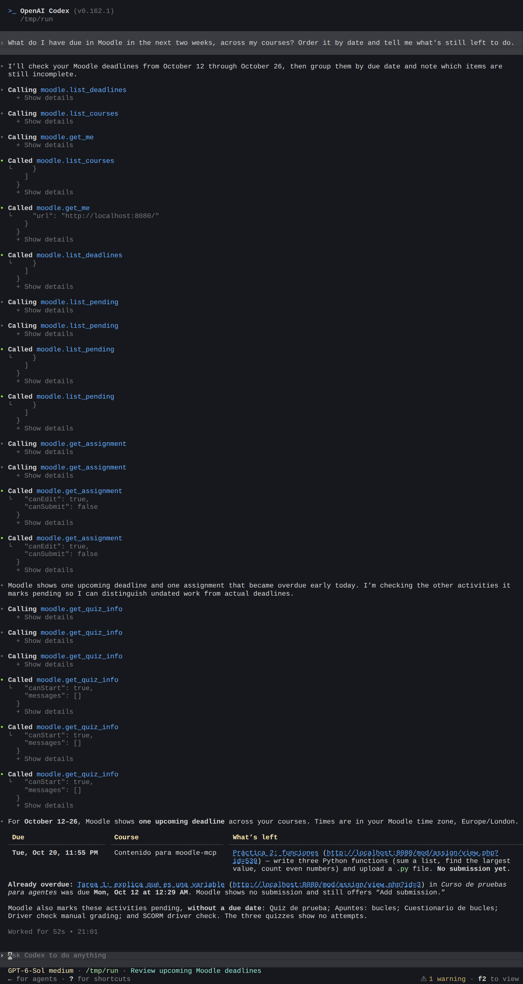 Codex lists the assignments and the exam of the next two weeks, and what's still to do